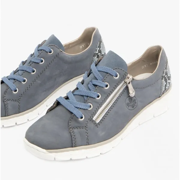 53702-15 Ladies Leather Lace-Up Trainers Jeans Blue