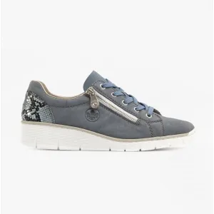 53702-15 Ladies Leather Lace-Up Trainers Jeans Blue