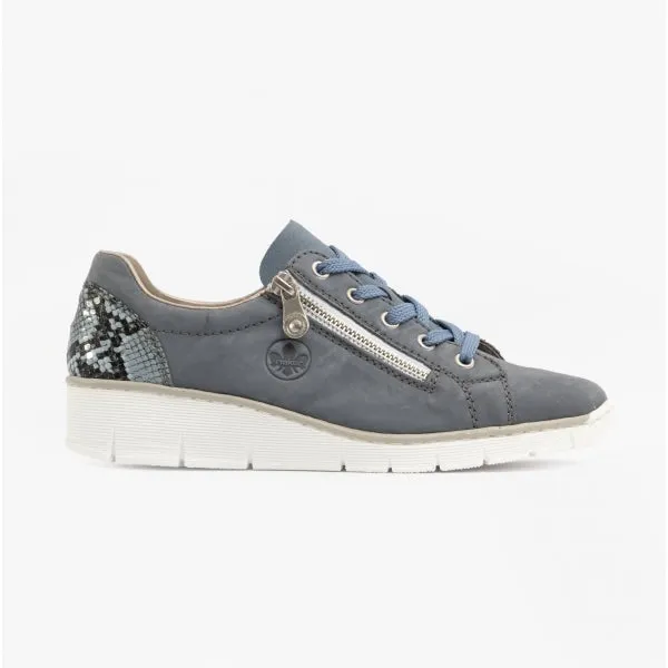 53702-15 Ladies Leather Lace-Up Trainers Jeans Blue
