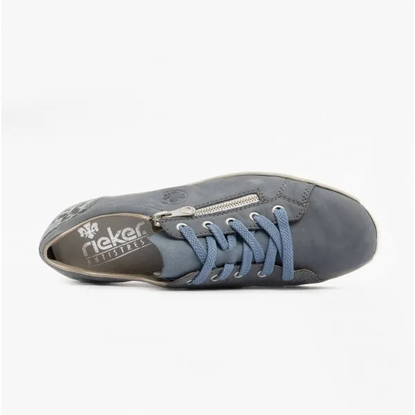 53702-15 Ladies Leather Lace-Up Trainers Jeans Blue