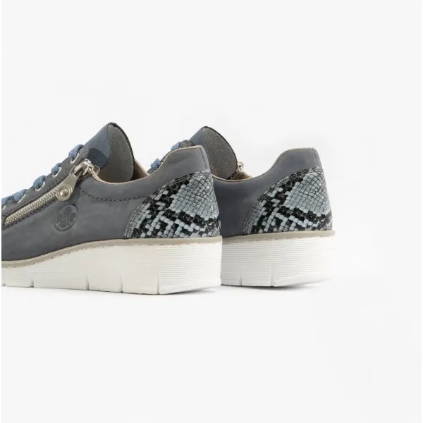 53702-15 Ladies Leather Lace-Up Trainers Jeans Blue