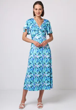 (5P. PACK) Front Twist Angel Sleeve Midi Dress in Green Print