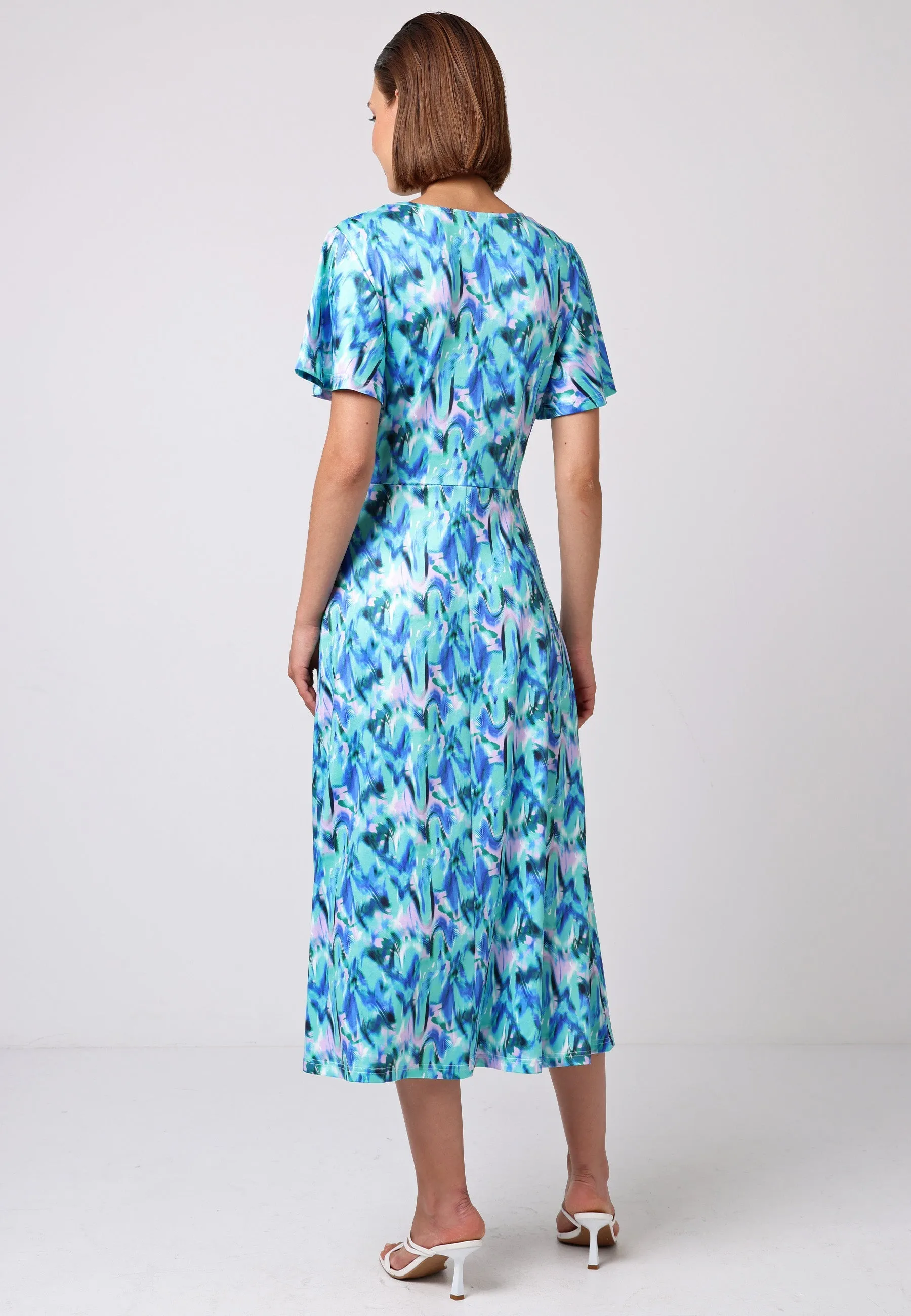 (5P. PACK) Front Twist Angel Sleeve Midi Dress in Green Print