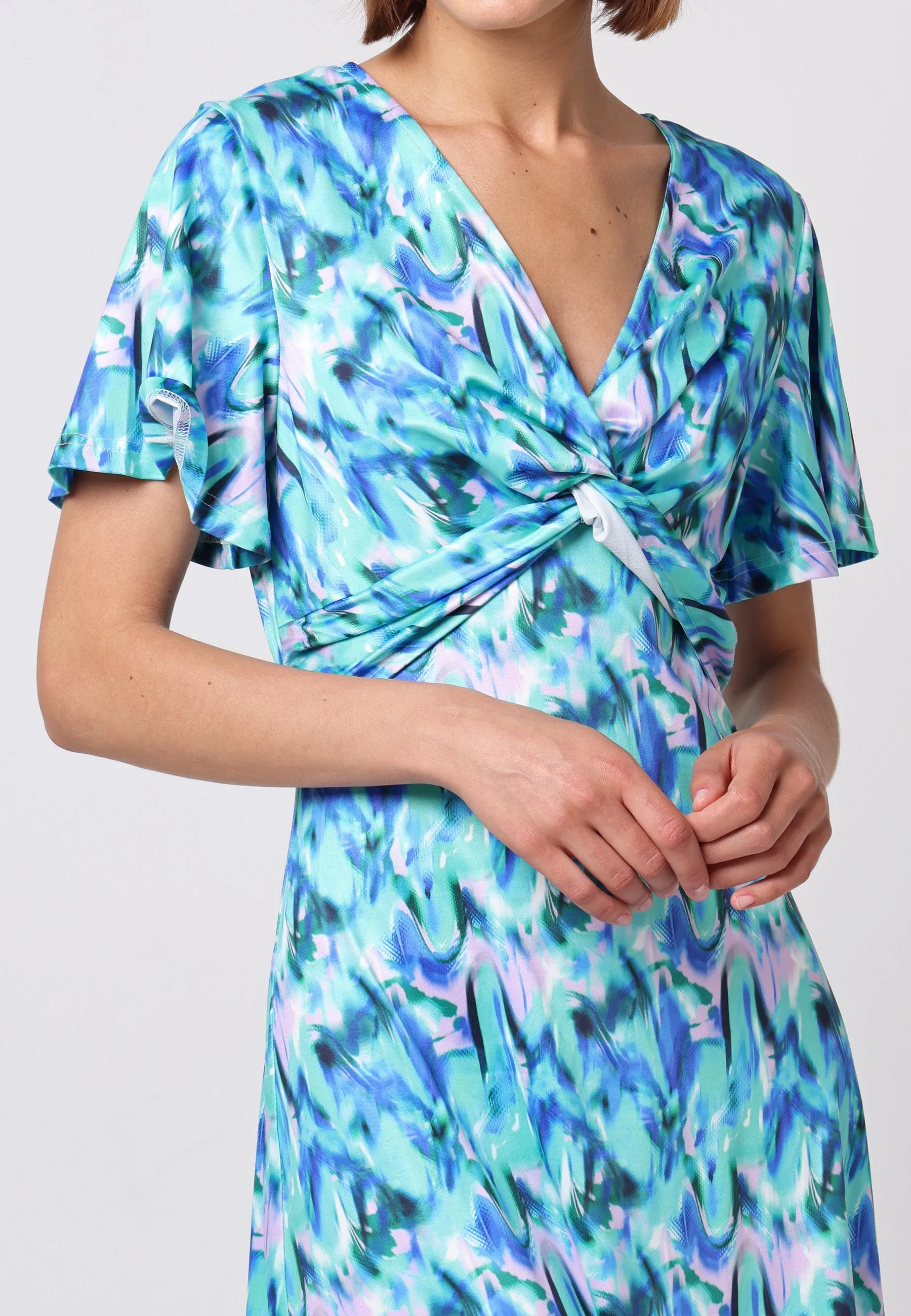 (5P. PACK) Front Twist Angel Sleeve Midi Dress in Green Print
