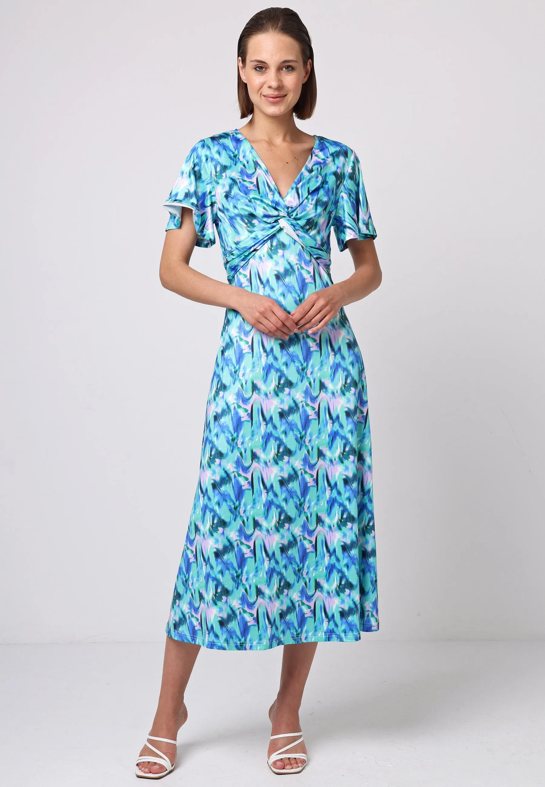(5P. PACK) Front Twist Angel Sleeve Midi Dress in Green Print