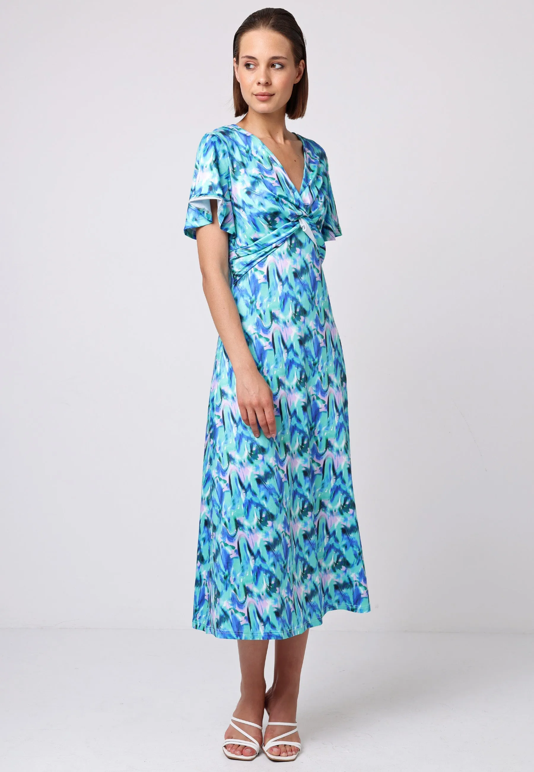 (5P. PACK) Front Twist Angel Sleeve Midi Dress in Green Print