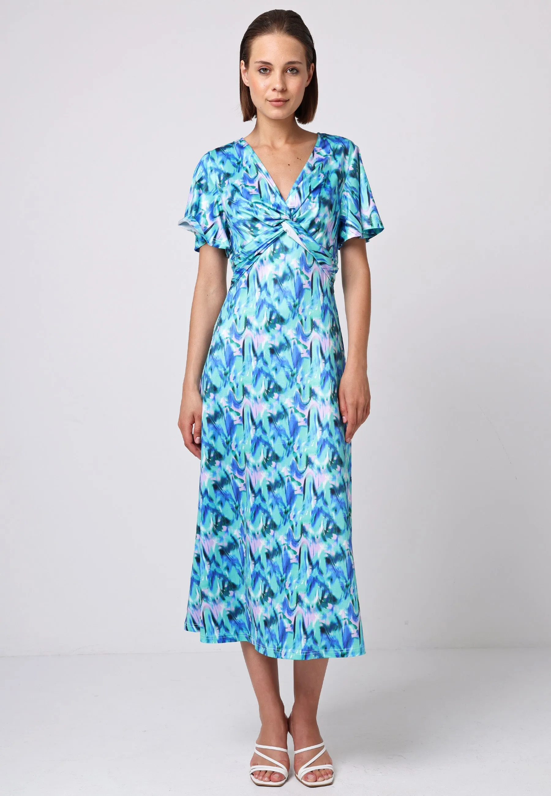 (5P. PACK) Front Twist Angel Sleeve Midi Dress in Green Print