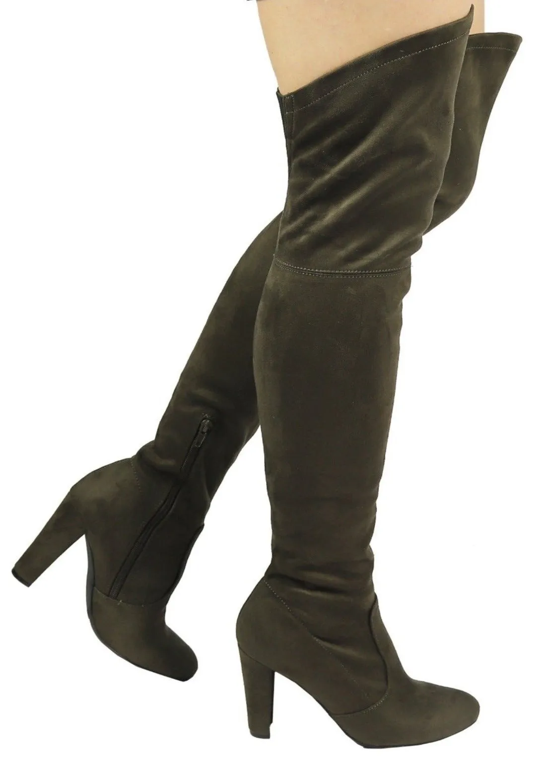 AMAYA-93B Wild Diva Women Stretchy Suede Chunky Heel Thigh High Over The Knee Boots Stretchy
