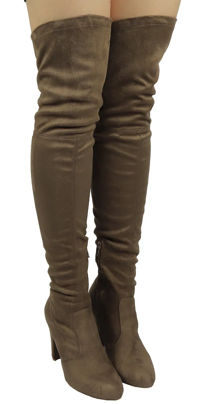 AMAYA-93B Wild Diva Women Stretchy Suede Chunky Heel Thigh High Over The Knee Boots Stretchy