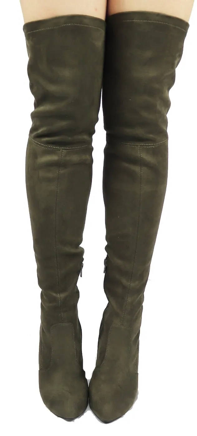 AMAYA-93B Wild Diva Women Stretchy Suede Chunky Heel Thigh High Over The Knee Boots Stretchy