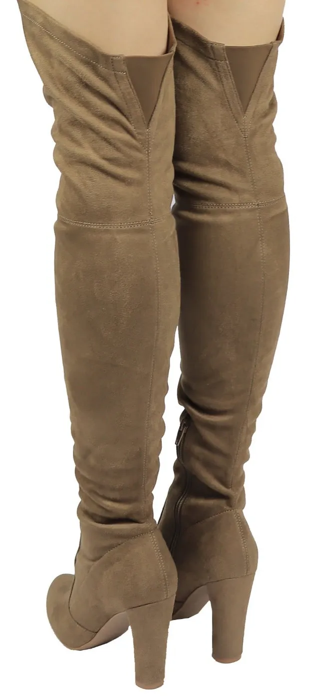AMAYA-93B Wild Diva Women Stretchy Suede Chunky Heel Thigh High Over The Knee Boots Stretchy