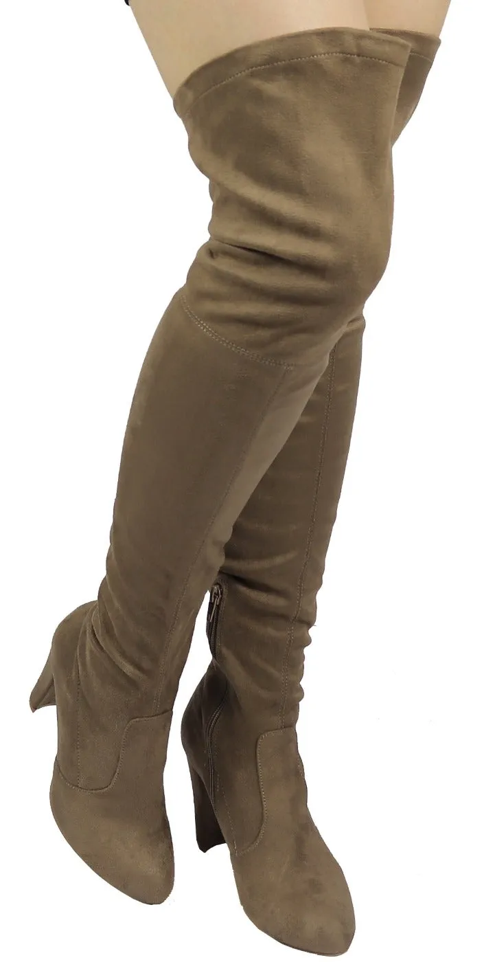 AMAYA-93B Wild Diva Women Stretchy Suede Chunky Heel Thigh High Over The Knee Boots Stretchy