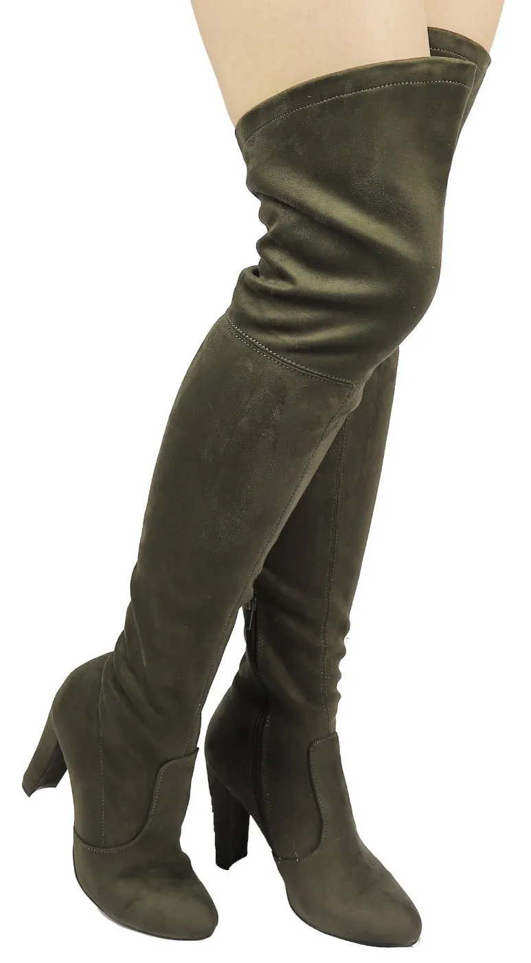 AMAYA-93B Wild Diva Women Stretchy Suede Chunky Heel Thigh High Over The Knee Boots Stretchy