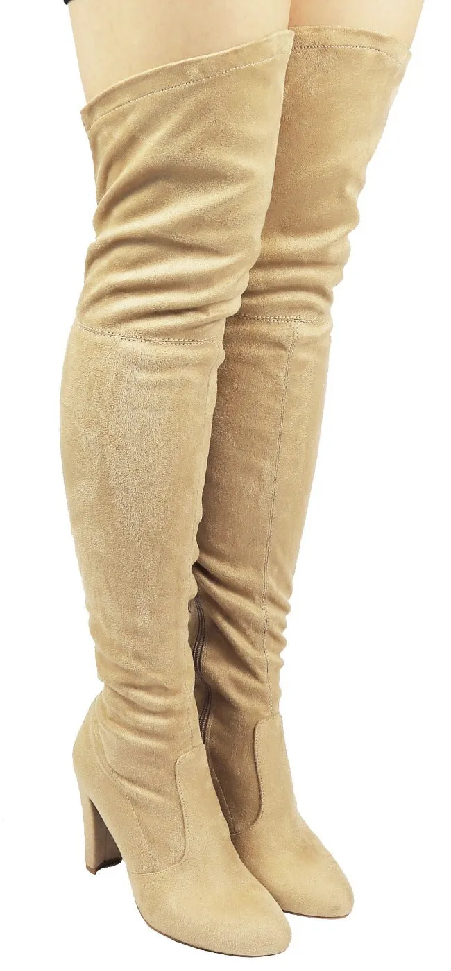 AMAYA-93B Wild Diva Women Stretchy Suede Chunky Heel Thigh High Over The Knee Boots Stretchy