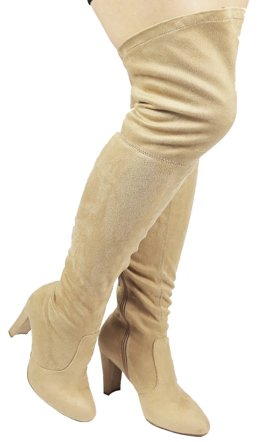 AMAYA-93B Wild Diva Women Stretchy Suede Chunky Heel Thigh High Over The Knee Boots Stretchy
