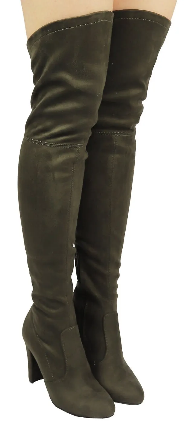 AMAYA-93B Wild Diva Women Stretchy Suede Chunky Heel Thigh High Over The Knee Boots Stretchy