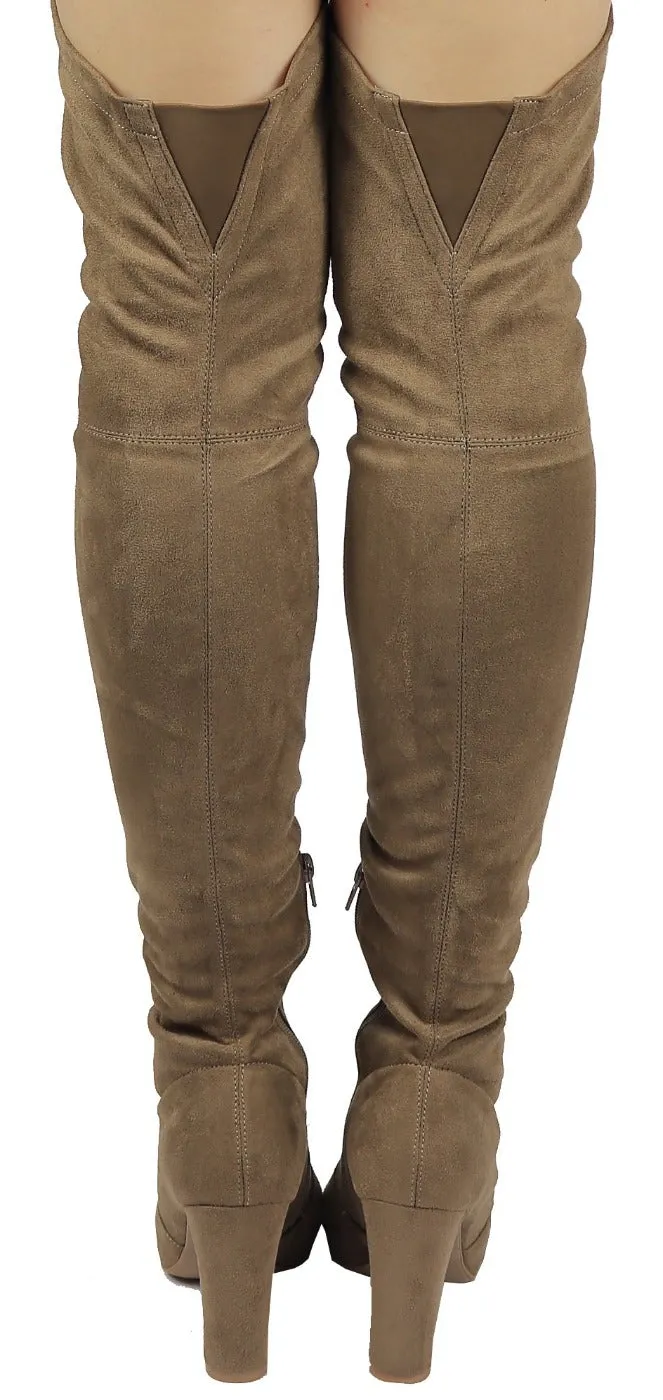 AMAYA-93B Wild Diva Women Stretchy Suede Chunky Heel Thigh High Over The Knee Boots Stretchy