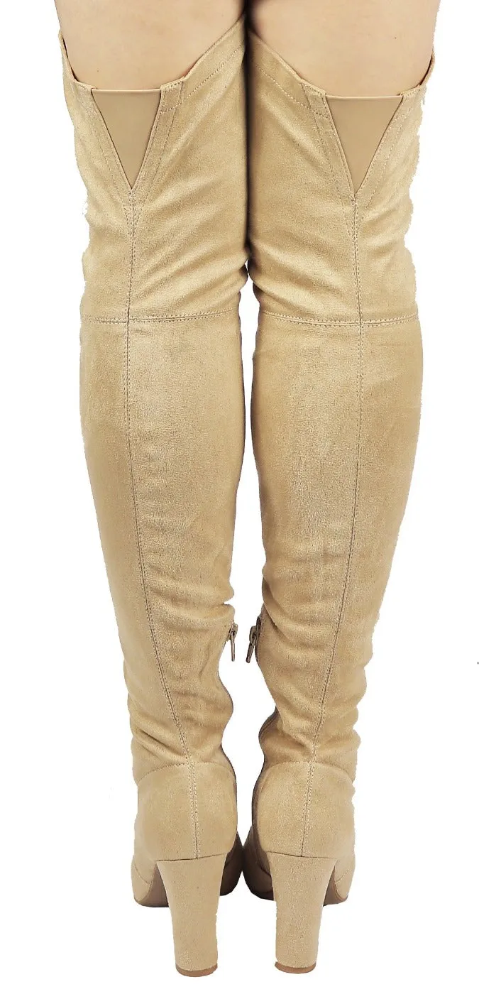 AMAYA-93B Wild Diva Women Stretchy Suede Chunky Heel Thigh High Over The Knee Boots Stretchy