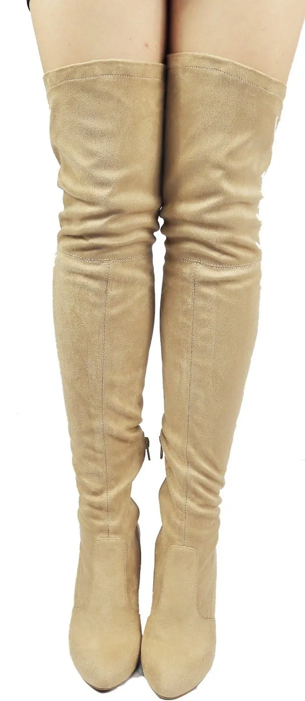 AMAYA-93B Wild Diva Women Stretchy Suede Chunky Heel Thigh High Over The Knee Boots Stretchy
