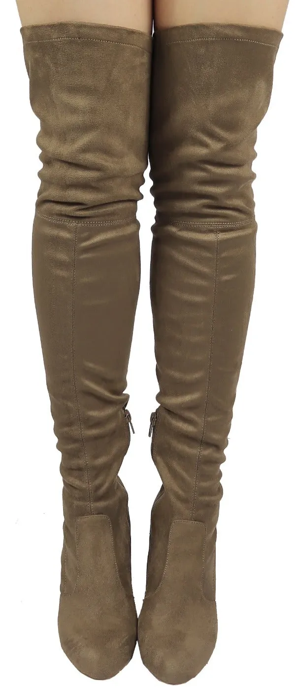 AMAYA-93B Wild Diva Women Stretchy Suede Chunky Heel Thigh High Over The Knee Boots Stretchy