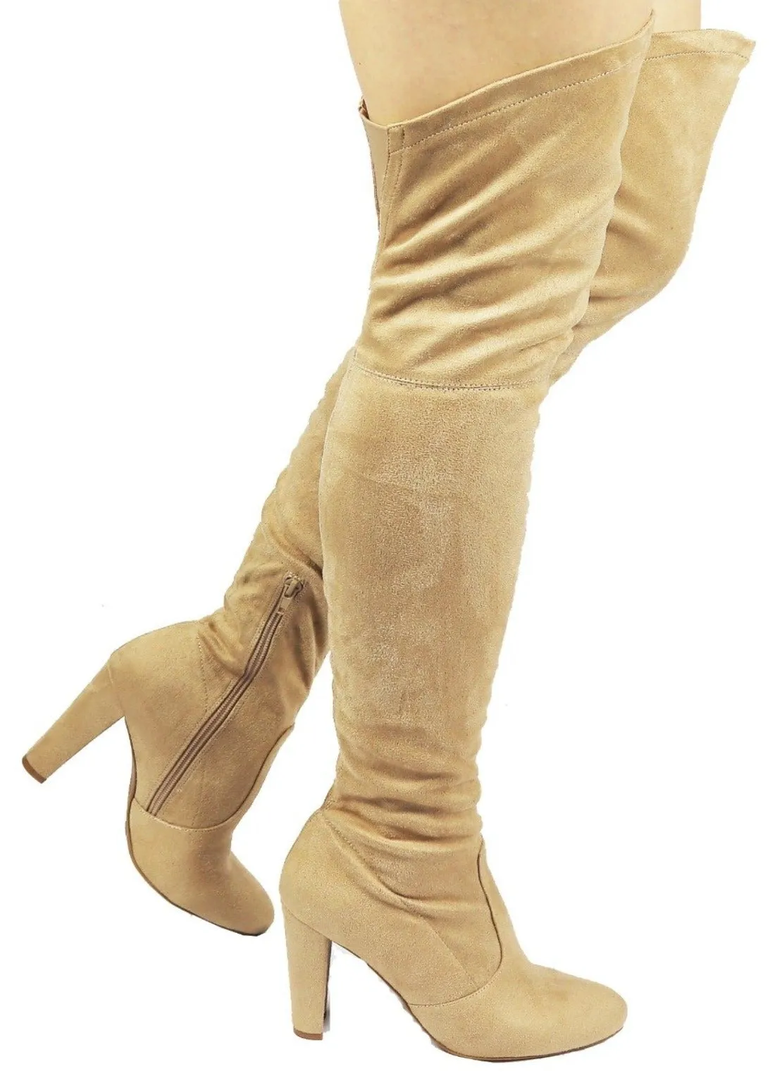 AMAYA-93B Wild Diva Women Stretchy Suede Chunky Heel Thigh High Over The Knee Boots Stretchy