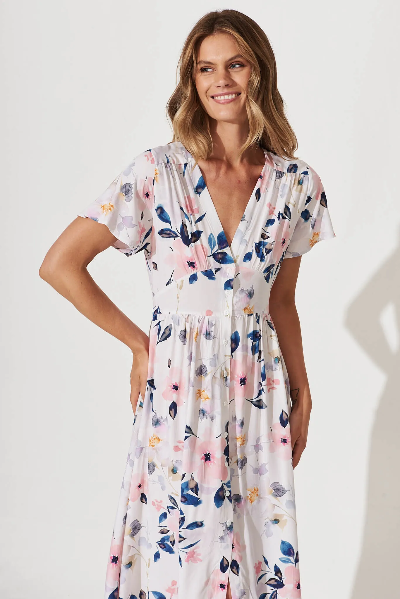 Anthea Midi Dress In White With Pink Watercolour Floral