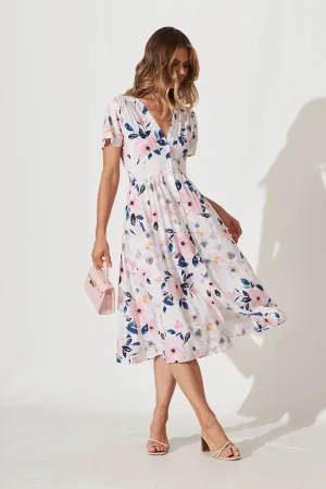 Anthea Midi Dress In White With Pink Watercolour Floral