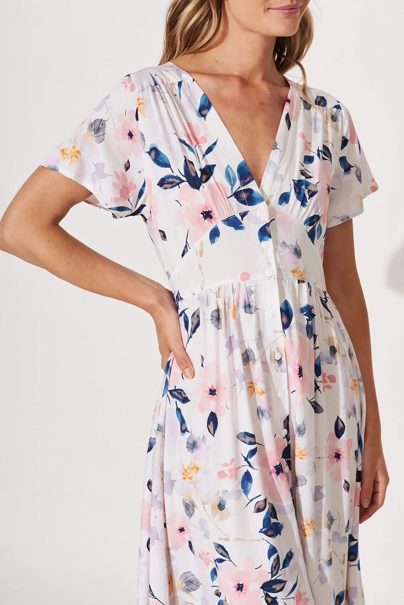 Anthea Midi Dress In White With Pink Watercolour Floral