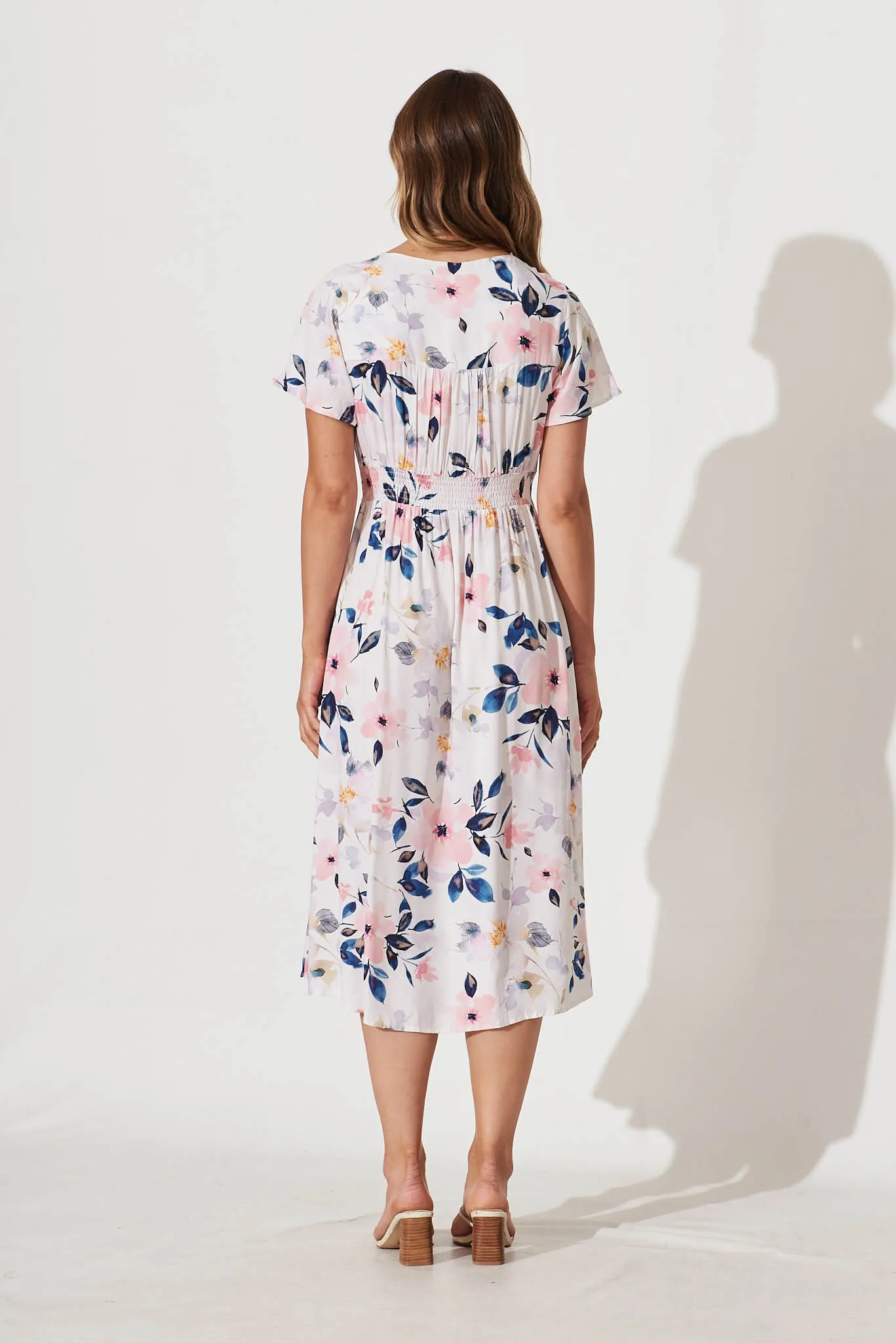 Anthea Midi Dress In White With Pink Watercolour Floral