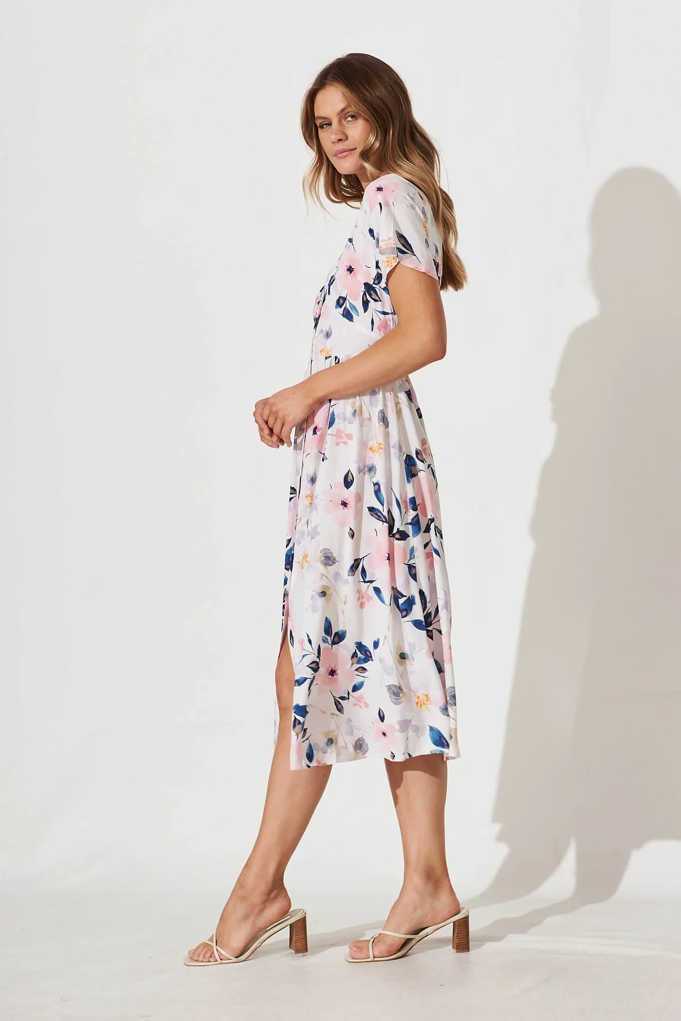Anthea Midi Dress In White With Pink Watercolour Floral