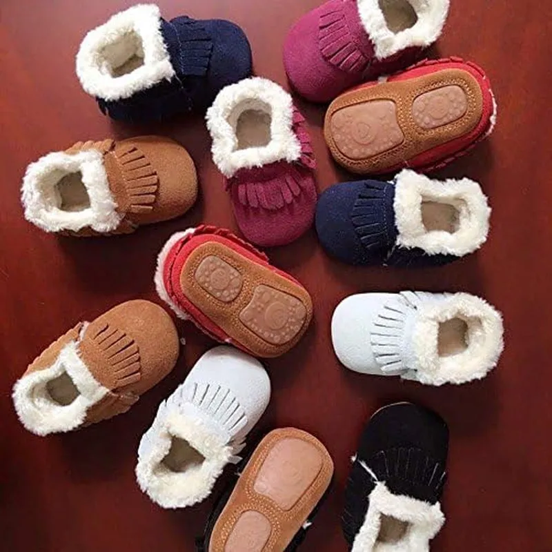 Baby Moccasins with Fur Fleece Rubber Soles Warm Snow Boots Leather Baby Shoes for Boys Girls