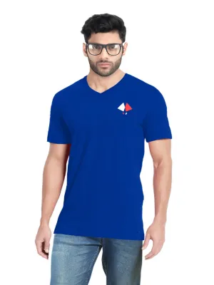 BLUE V-NECK LOGO PRINTED T-SHIRT