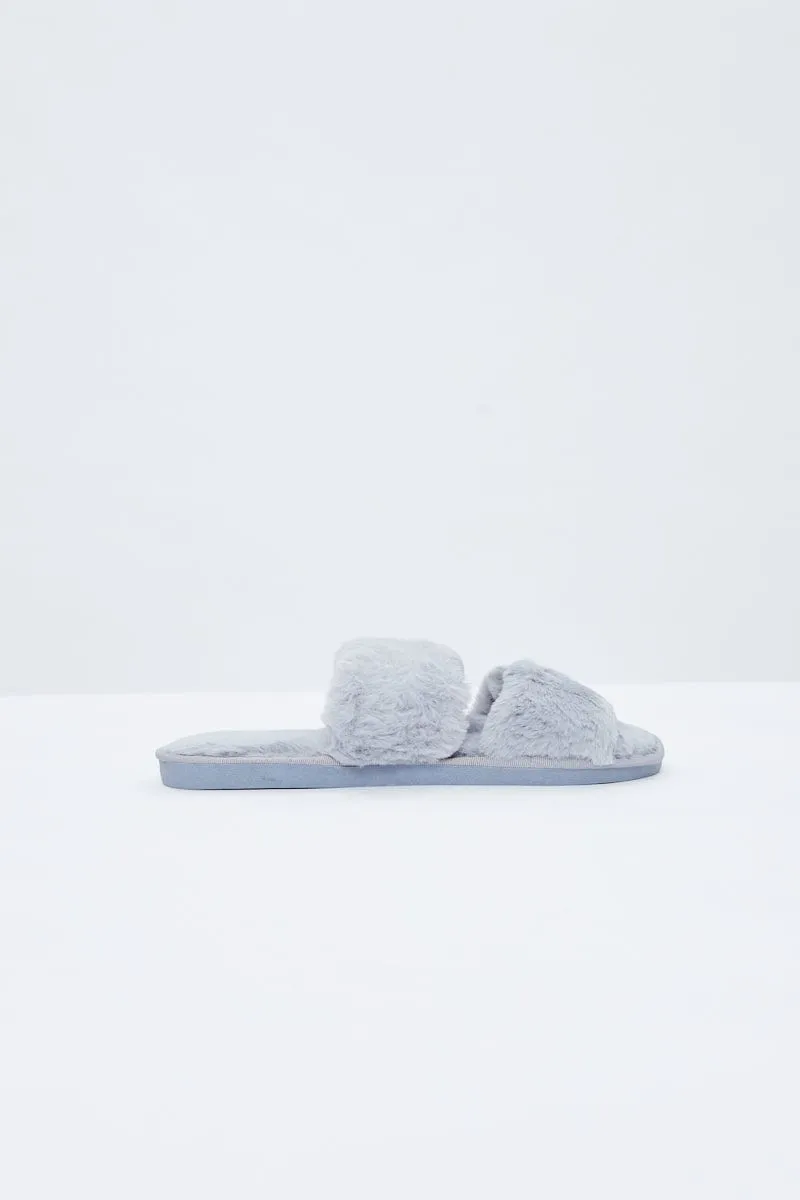 Grey Faux Fur Fluffy Slides
