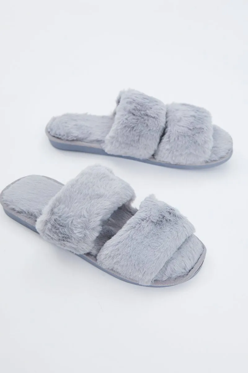 Grey Faux Fur Fluffy Slides