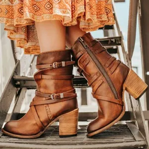 Leather Belt High Chunky Heel Calf Boots