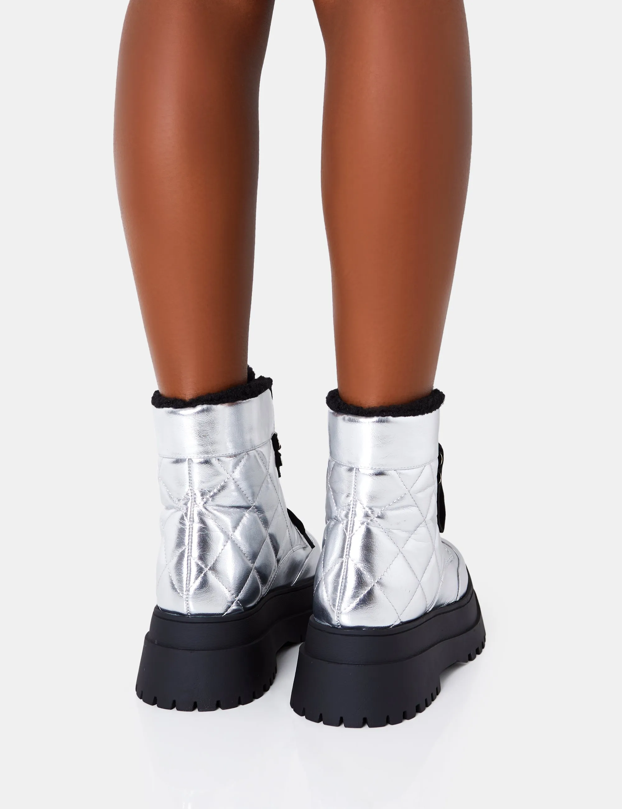 Magda Silver Crinkle Patent Quilted Faux Fur Chunky Sole  Ankle Boots