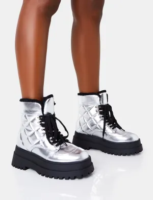 Magda Silver Crinkle Patent Quilted Faux Fur Chunky Sole  Ankle Boots