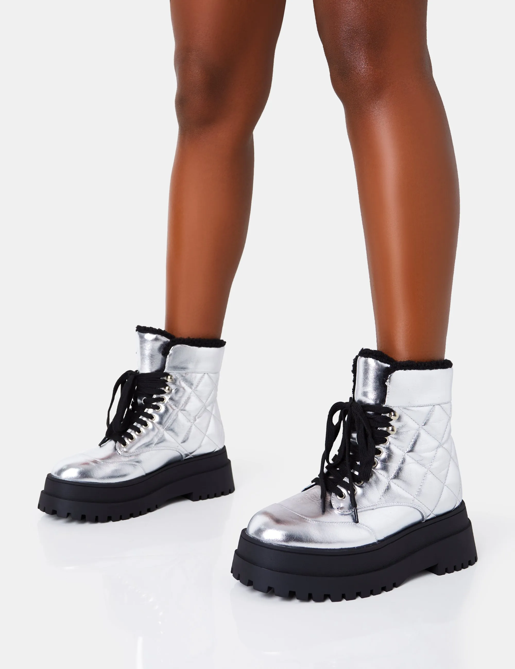 Magda Silver Crinkle Patent Quilted Faux Fur Chunky Sole  Ankle Boots