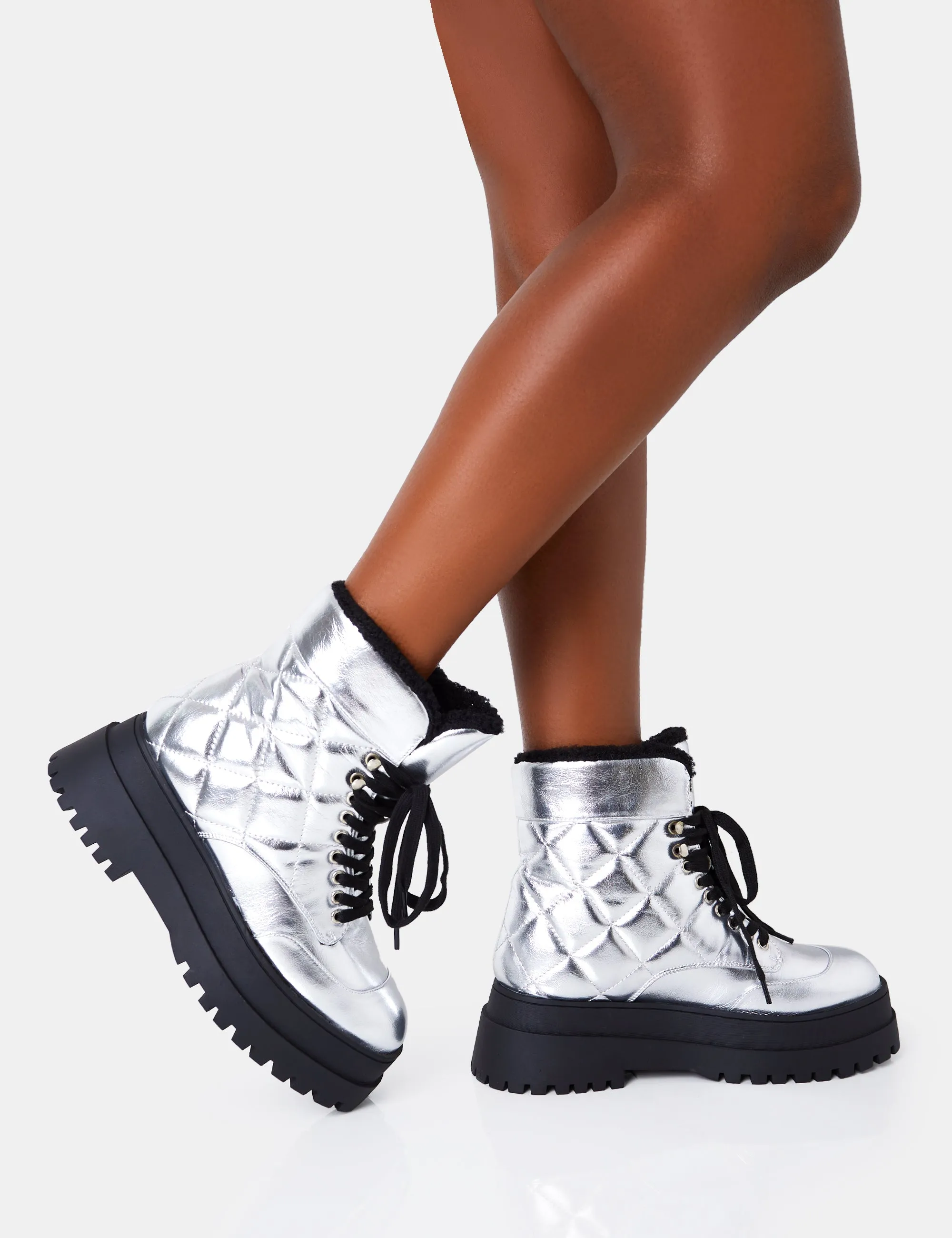Magda Silver Crinkle Patent Quilted Faux Fur Chunky Sole  Ankle Boots