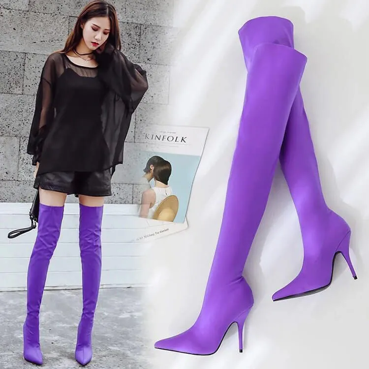 Plian Point Toe Stretch High Heel Thigh High Boots