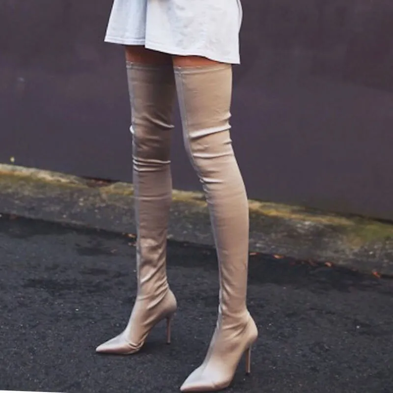 Plian Point Toe Stretch High Heel Thigh High Boots