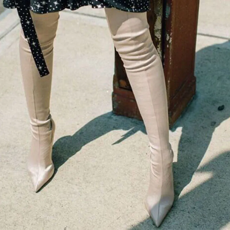 Plian Point Toe Stretch High Heel Thigh High Boots