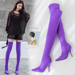 Plian Point Toe Stretch High Heel Thigh High Boots