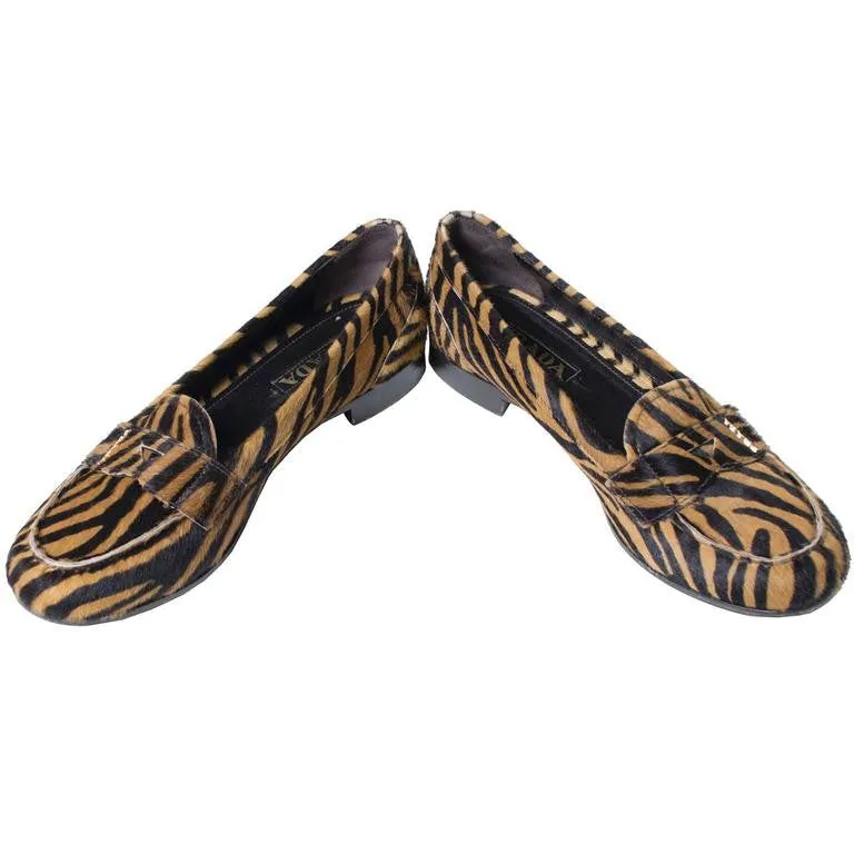 Prada Tiger Print Pony Fur Loafers 37.5
