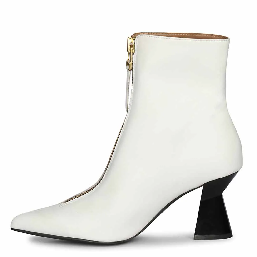 Saint Rose White Leather Front Zipper Pointed Toe Heel Boots