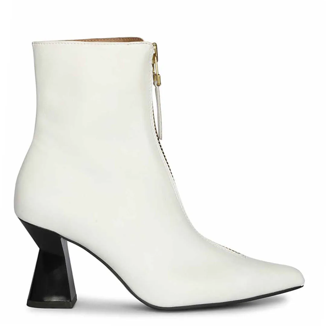 Saint Rose White Leather Front Zipper Pointed Toe Heel Boots