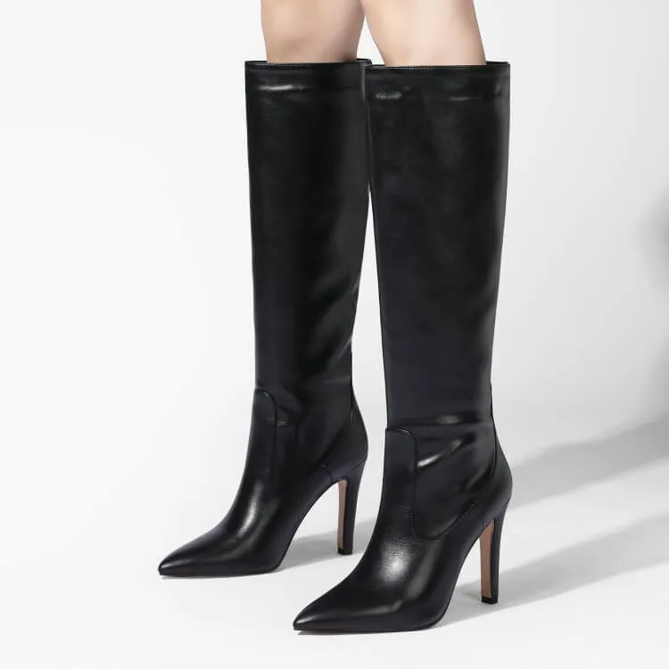 Sexy Leather Point Toe Plain Knee High Boots