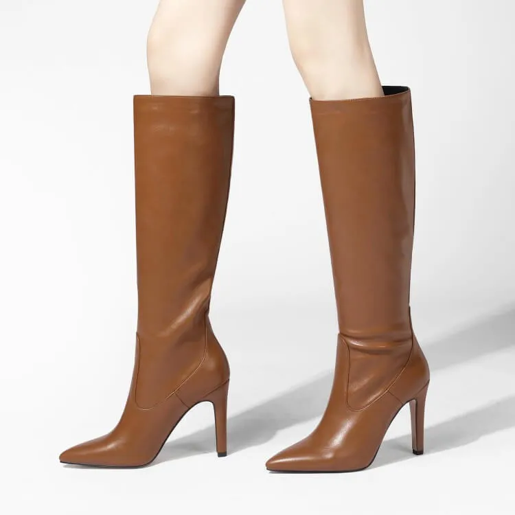 Sexy Leather Point Toe Plain Knee High Boots