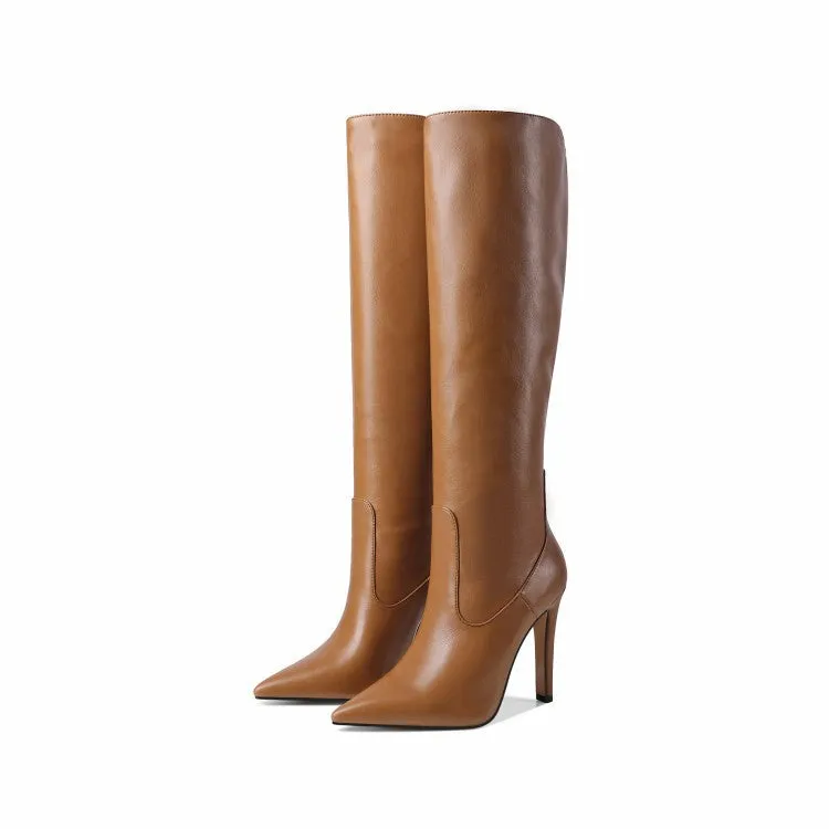 Sexy Leather Point Toe Plain Knee High Boots