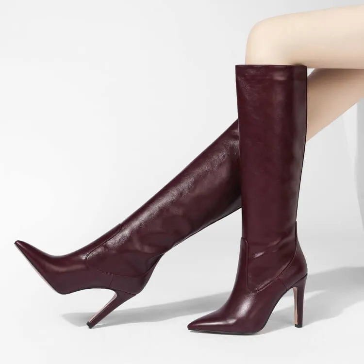 Sexy Leather Point Toe Plain Knee High Boots